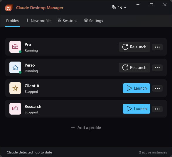 Claude Desktop Manager - two Claude profiles running in parallel